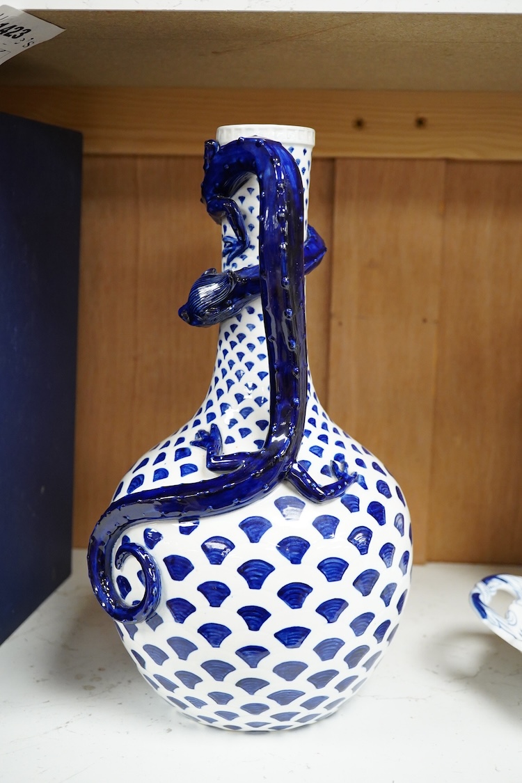 An unusual late 19th century Royal Worcester 'dragon' jug with blue scale decoration, 30cm
